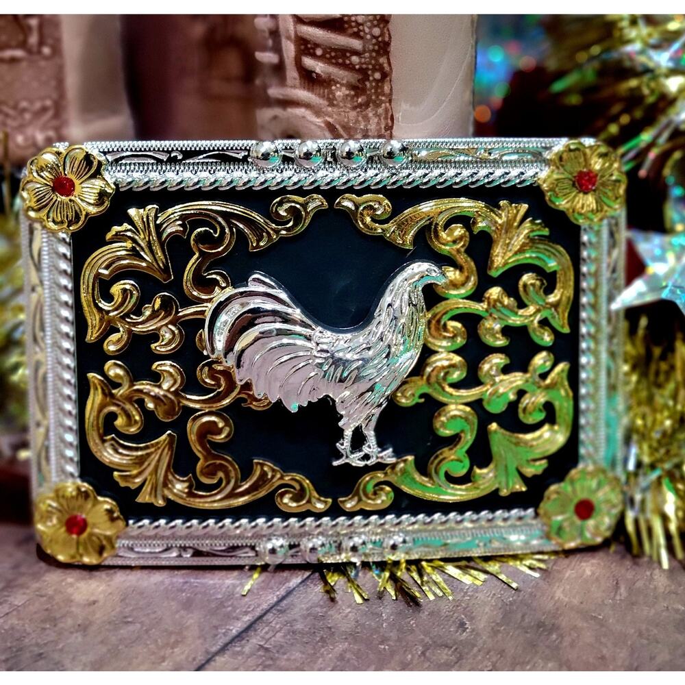 Rooster Western Belt Buckle Black Gold And Silver Rectangle For 2.0 Inch Belt